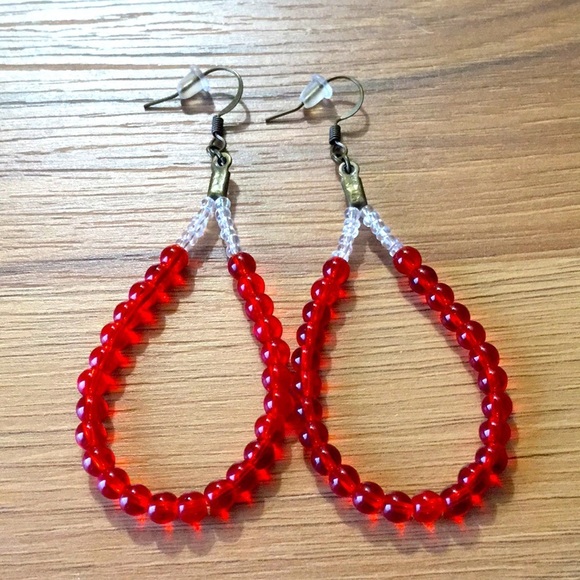 Ladies Beaded Earrings,  Red and Clear,  Handmade Ladies Earrings - Picture 1 of 5